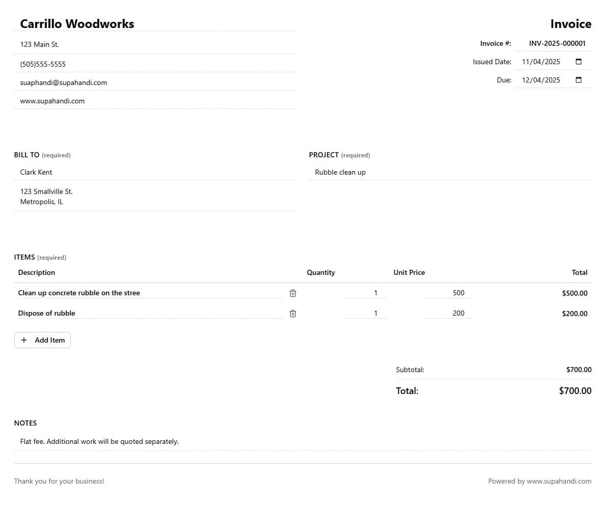 Free invoice generator interface showing professional invoice creation form with company info, customer details, and itemized line items