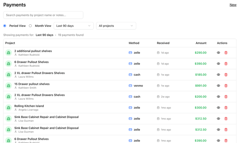 Payments tracking interface