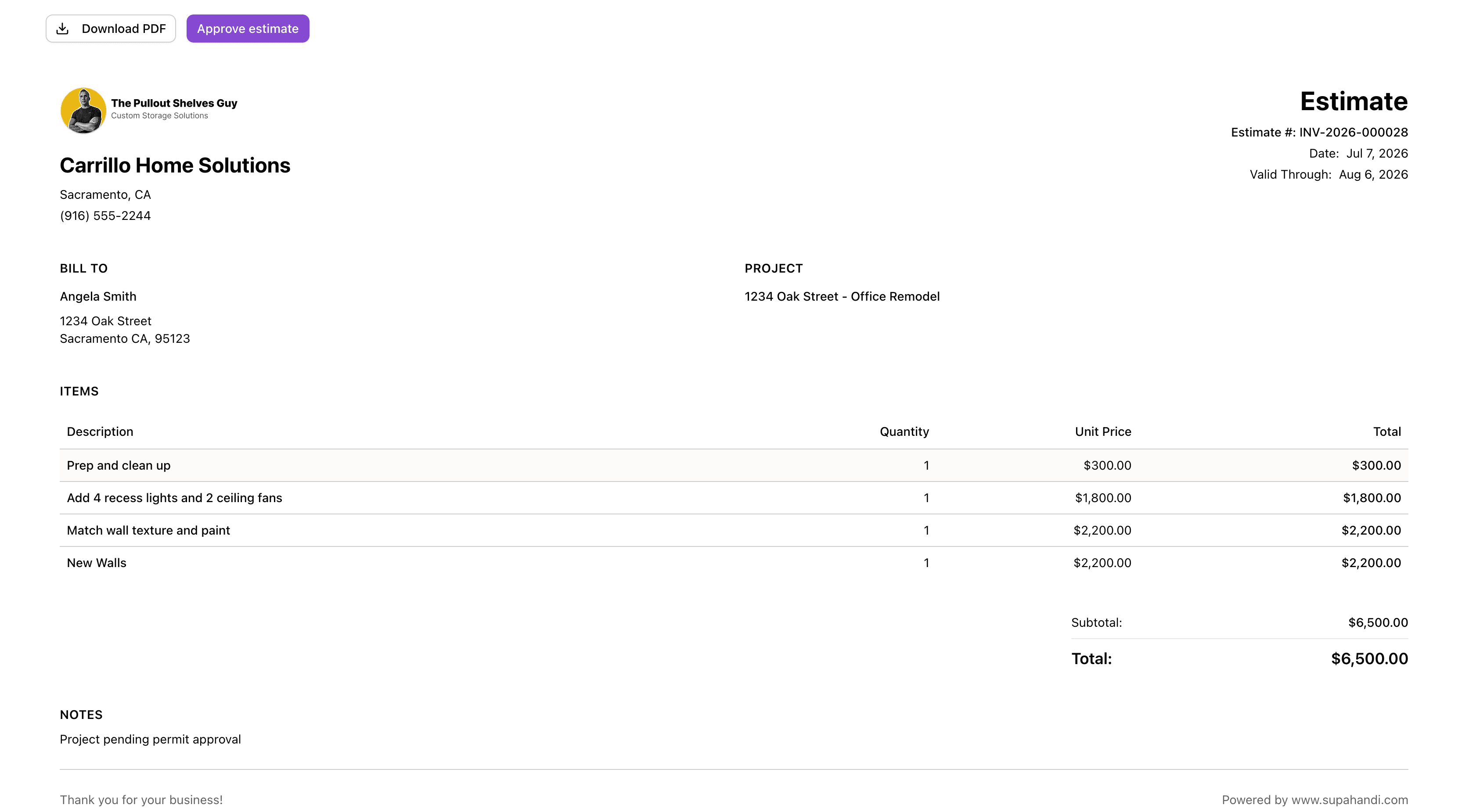 Customers can approve a SupaHandi estimate online with the approval style set for the account.
