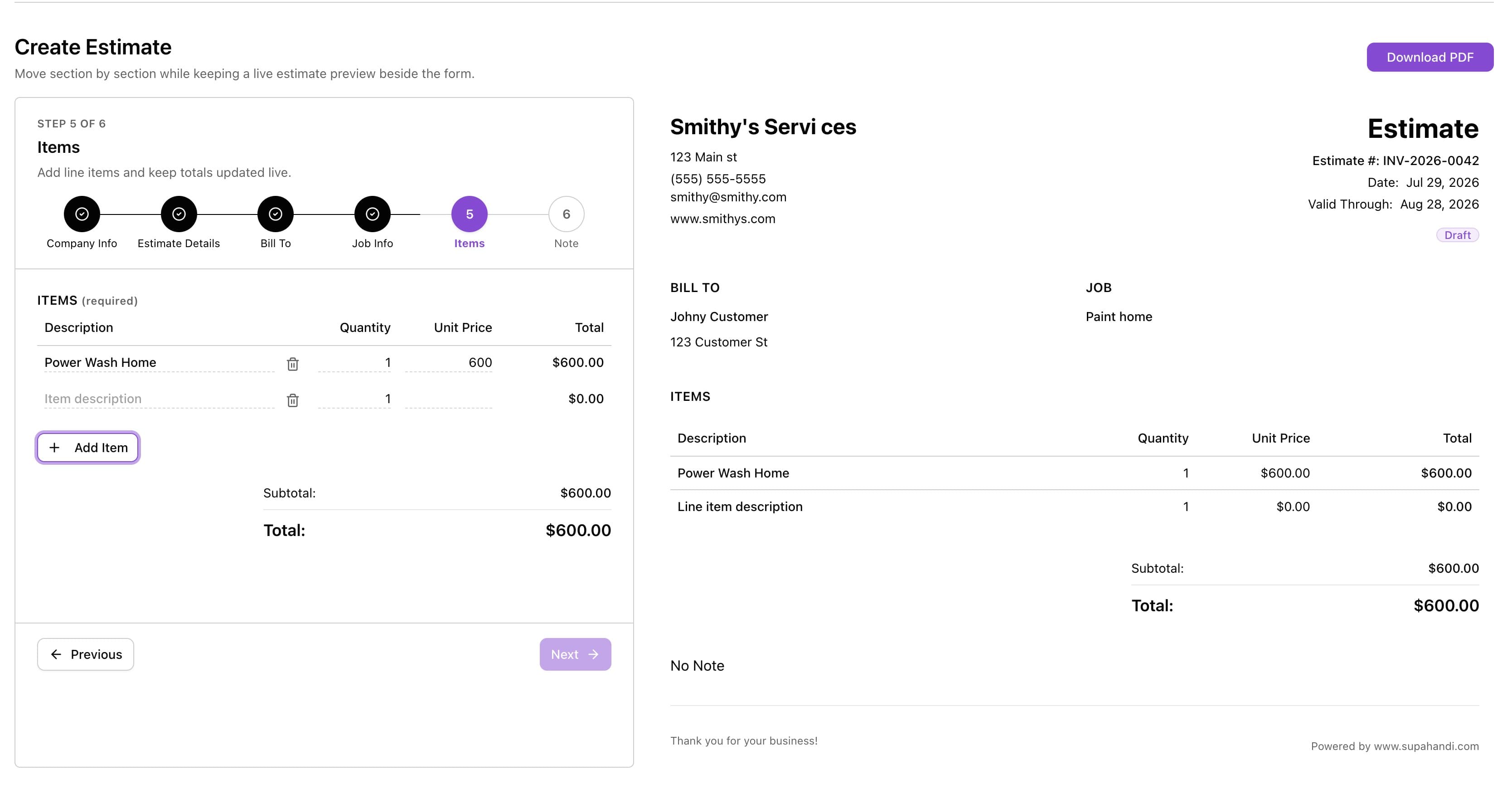 Free estimate generator showing the step-by-step line item form beside a live estimate preview with customer details, quantities, unit prices, and totals