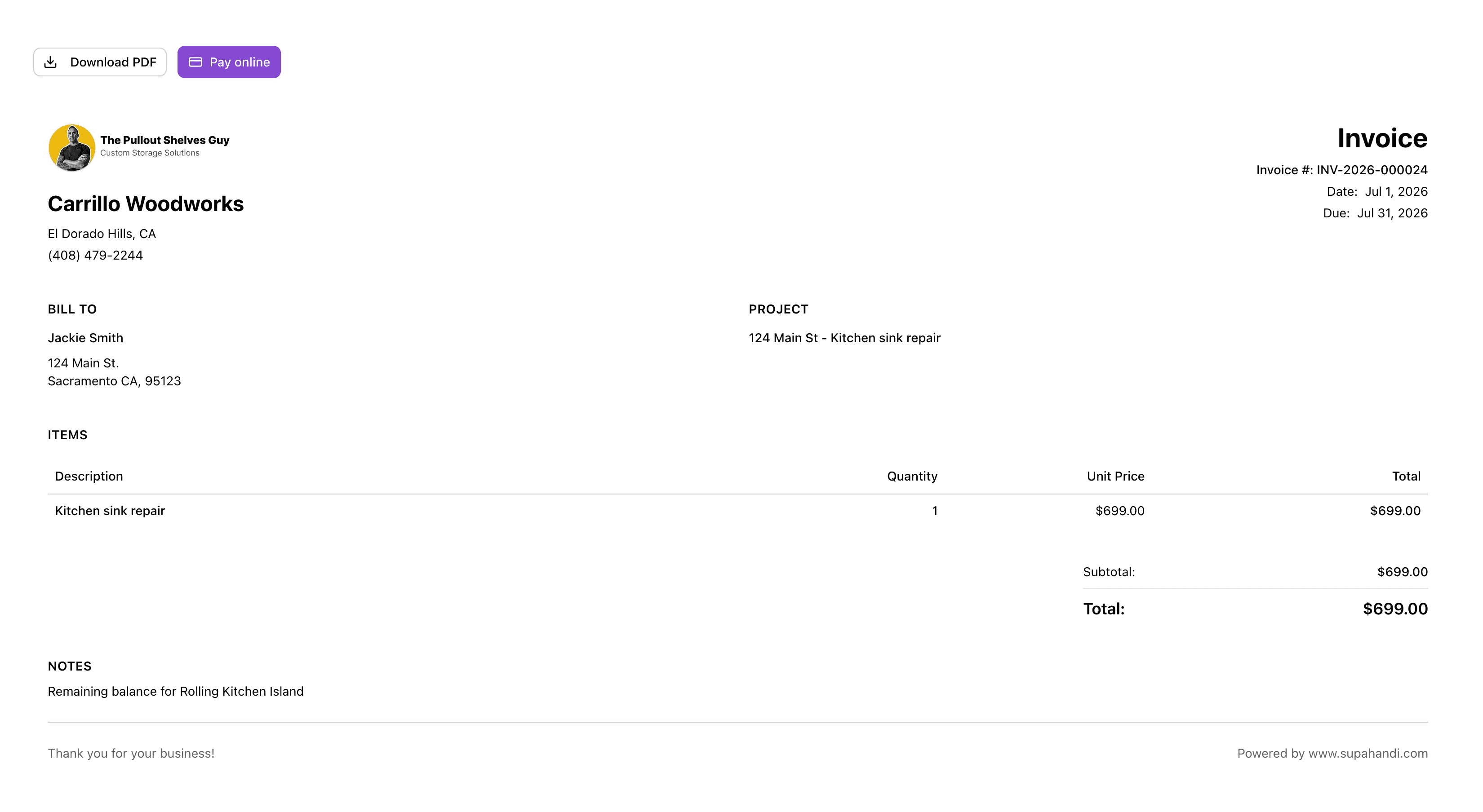 SupaHandi payments tracking and invoice payment workflow